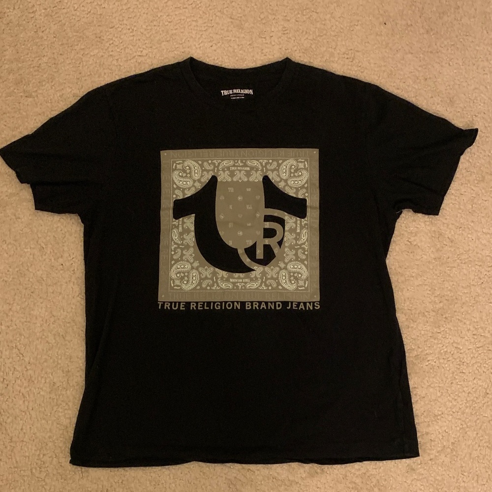 Mens True Religion Black Tee with Gray Bandana Logo